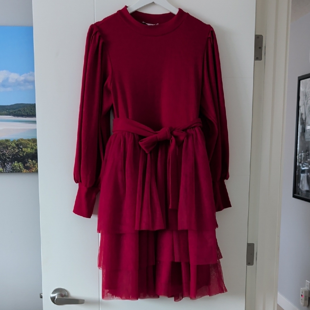 Elegant Red Layered Dress with Bow